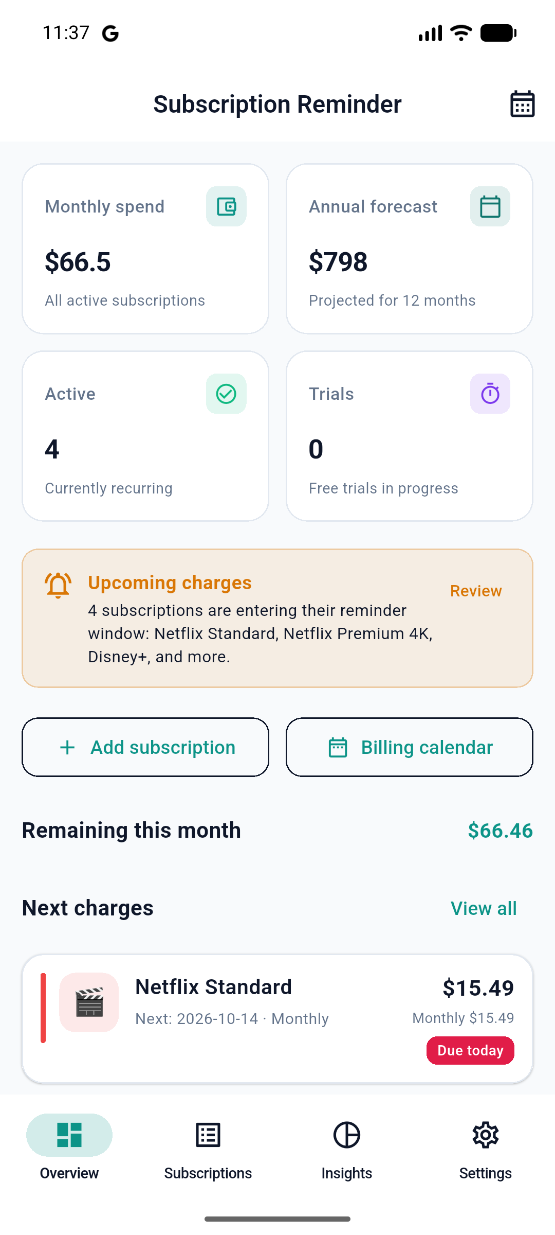 Subscription Reminder Overview