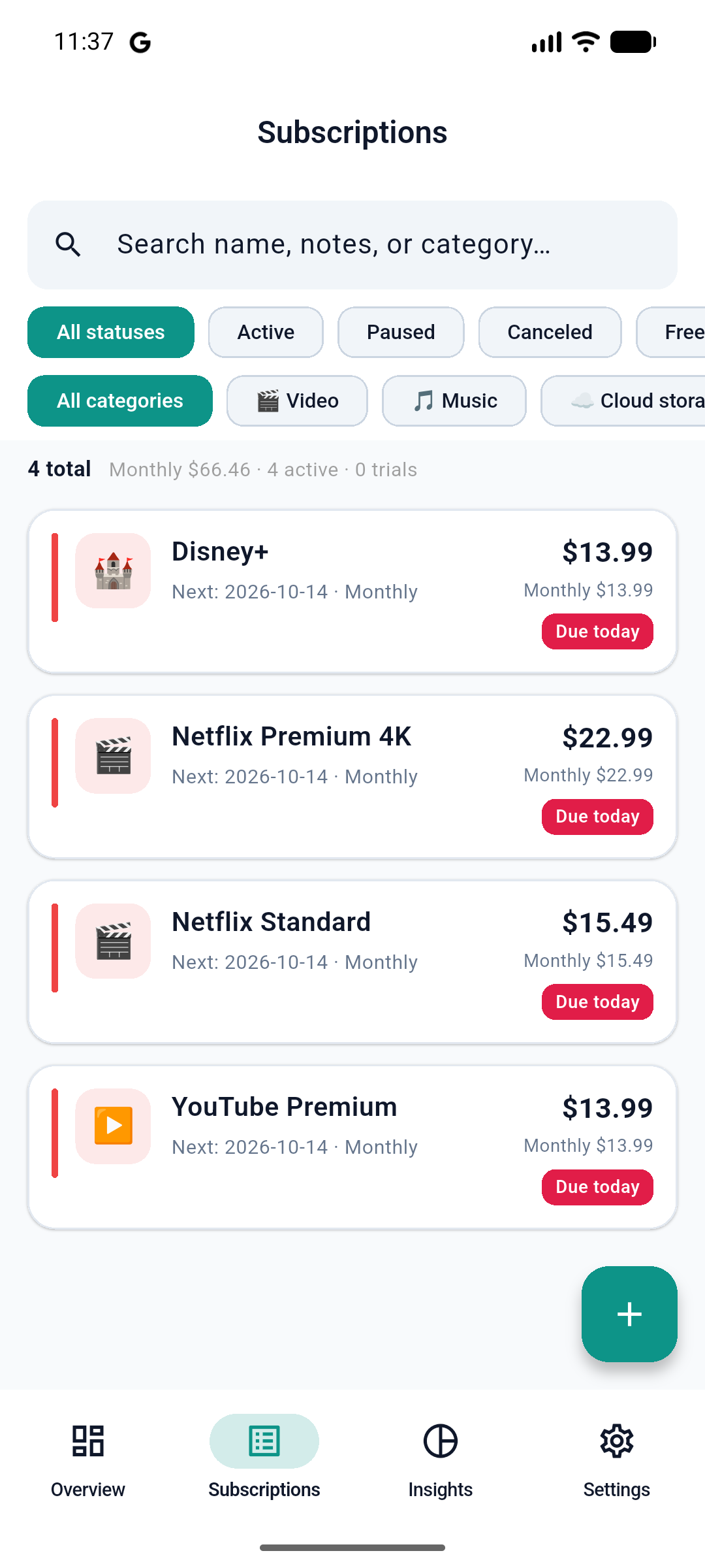 Subscription List View